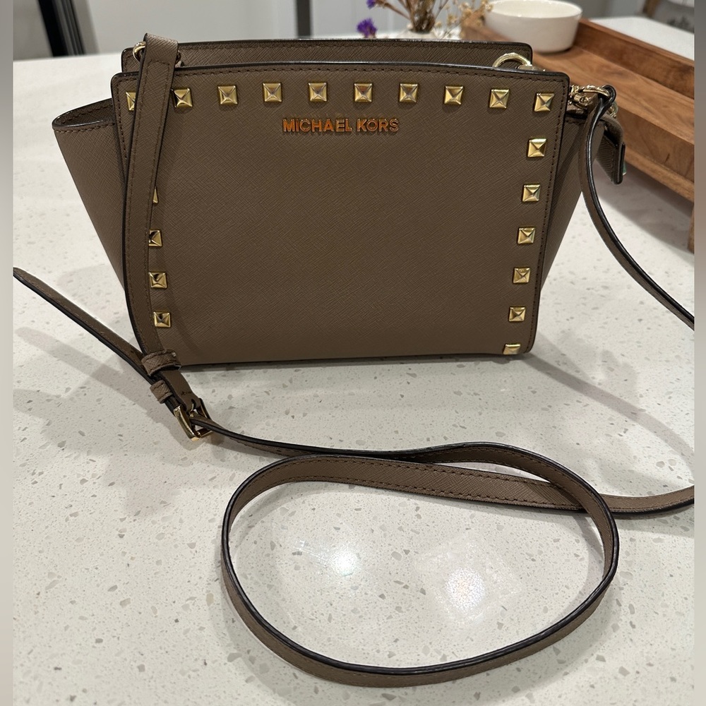 Michael Michael Kors Brown Studded Leather Selma Crossbody Bag